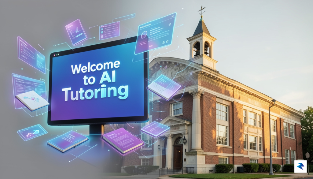 A conceptual illustration showing a digital classroom interface transitioning into…