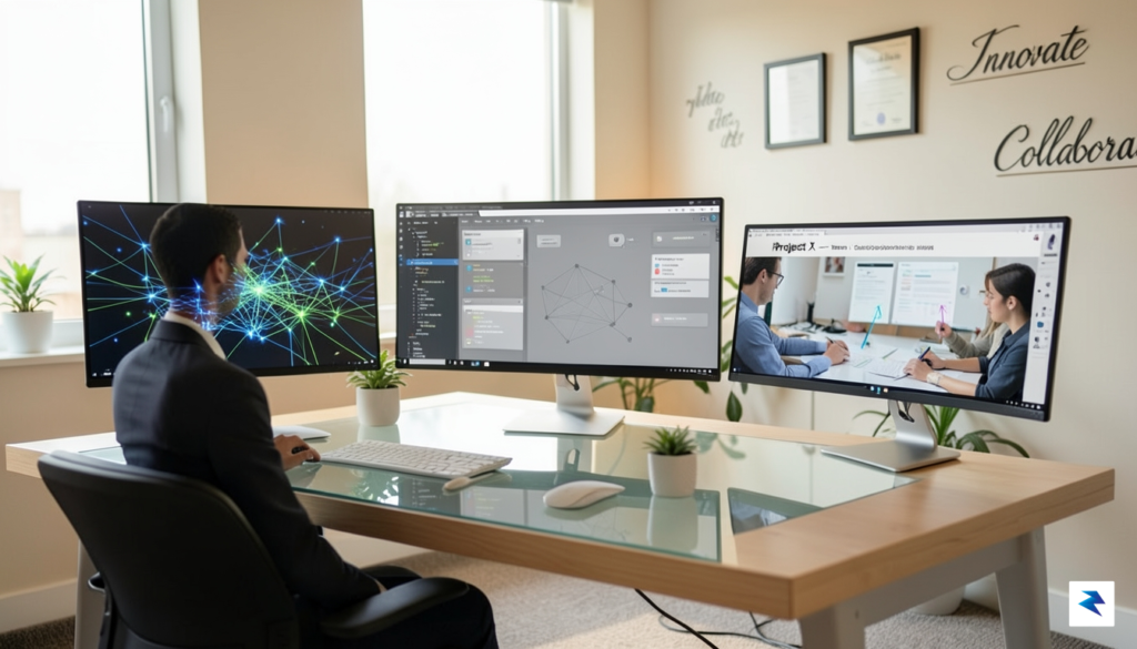 A professional sitting at a modern desk with multiple monitors…