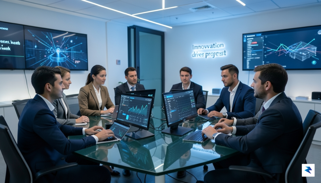 A diverse team of professional employees sitting around a glass…