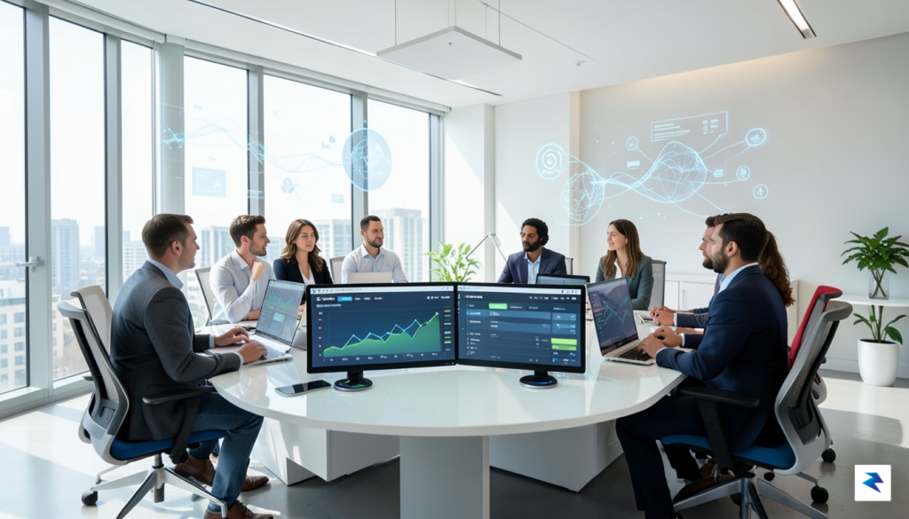 A modern, bright office space with diverse professionals collaborating around…