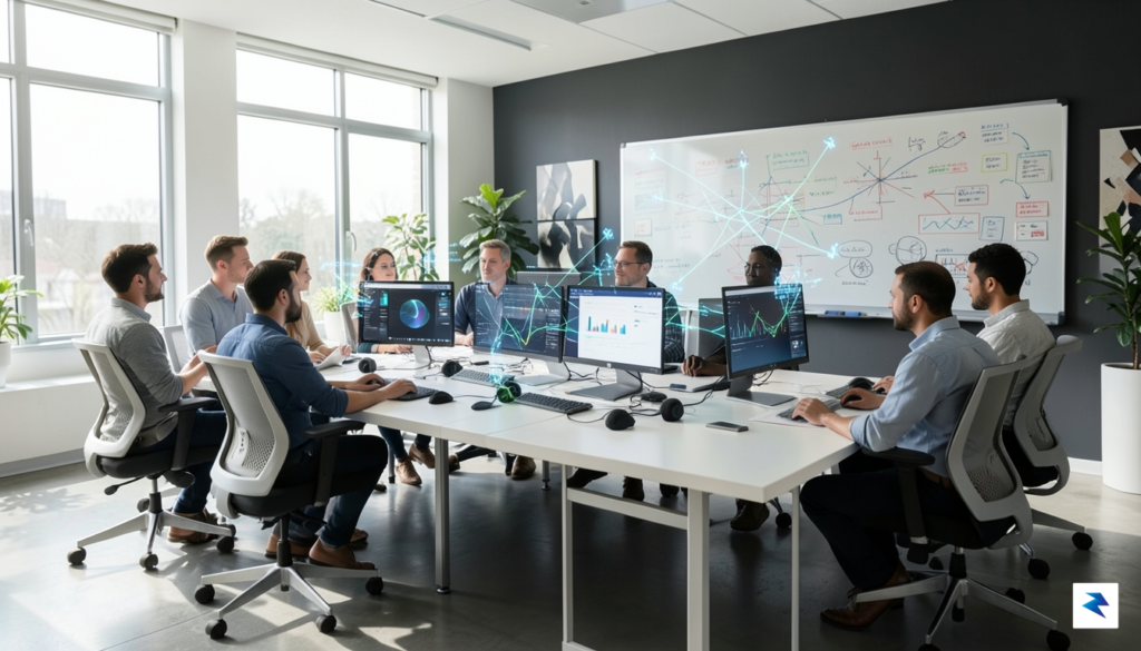 A modern, collaborative tech office workspace where diverse team members…