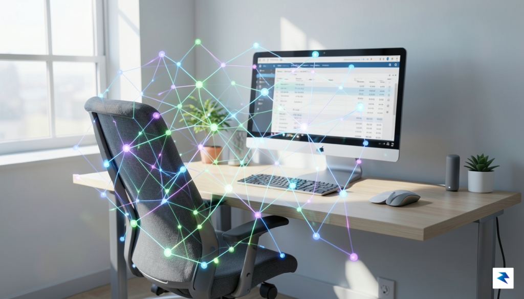 A digital illustration showing a glowing, intricate neural network grid…