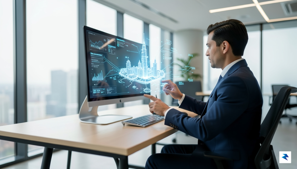 A modern professional working at a desk with a holographic…