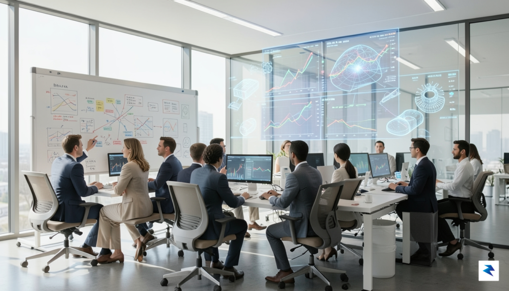A modern, brightly lit office environment where a diverse group…