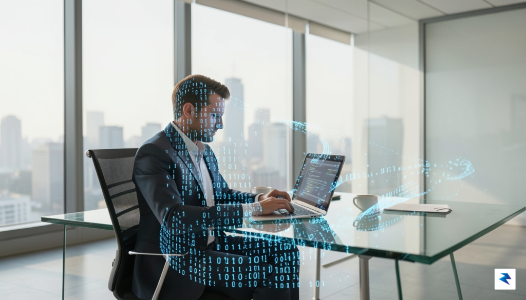 A conceptual digital illustration of a corporate office worker sitting&hellip;