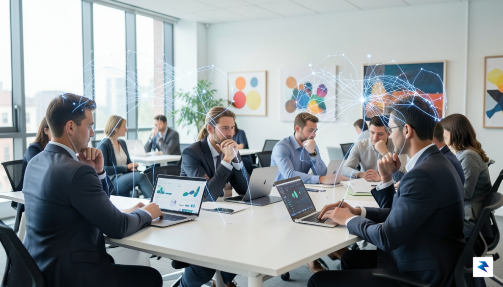 A diverse group of white-collar professionals, some looking contemplative, others&hellip;