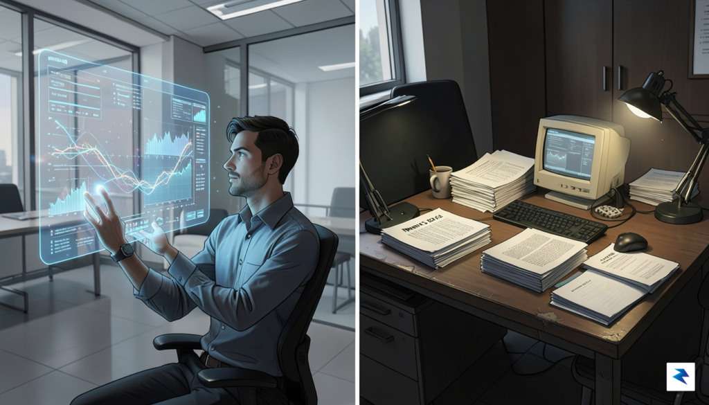 A split-screen illustration showing a worker in a modern office…