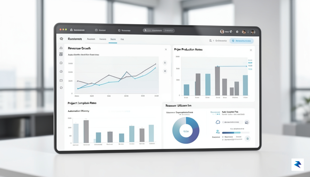A modern, minimalist office dashboard showing real-time data visualization charts…