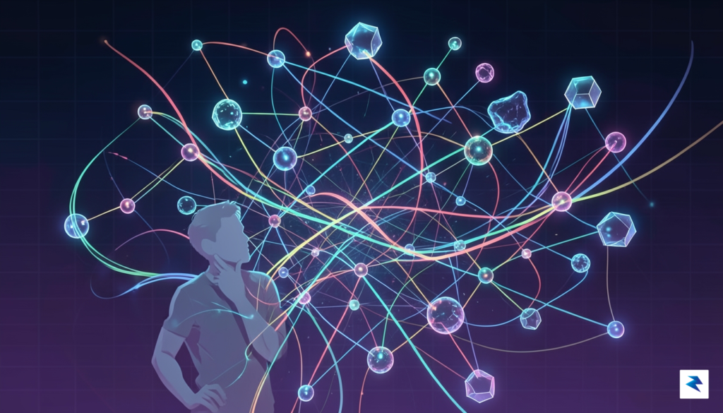 A stylized illustration depicting a complex network of interconnected digital…