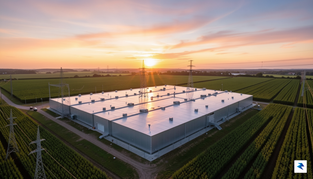 A wide-angle aerial view of a sprawling, metallic data center…