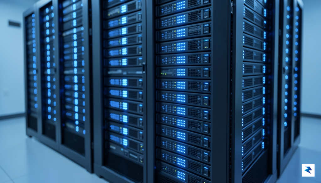 A close-up of a high-density server rack glowing with blue…