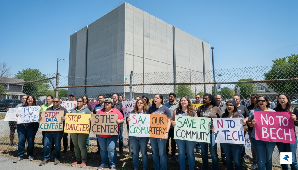 A wide-angle shot of a grassroots community protest, featuring diverse…