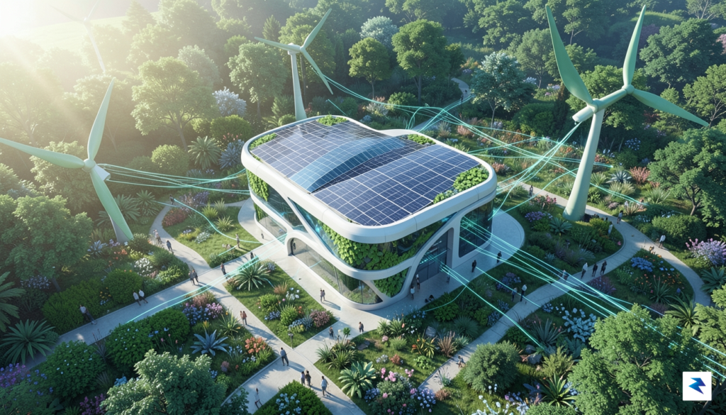 A conceptual digital illustration showing a futuristic, eco-friendly data center…