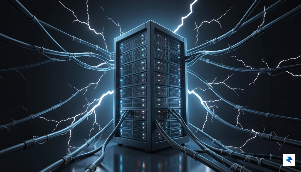 A conceptual digital illustration showing a glowing, high-density server rack…