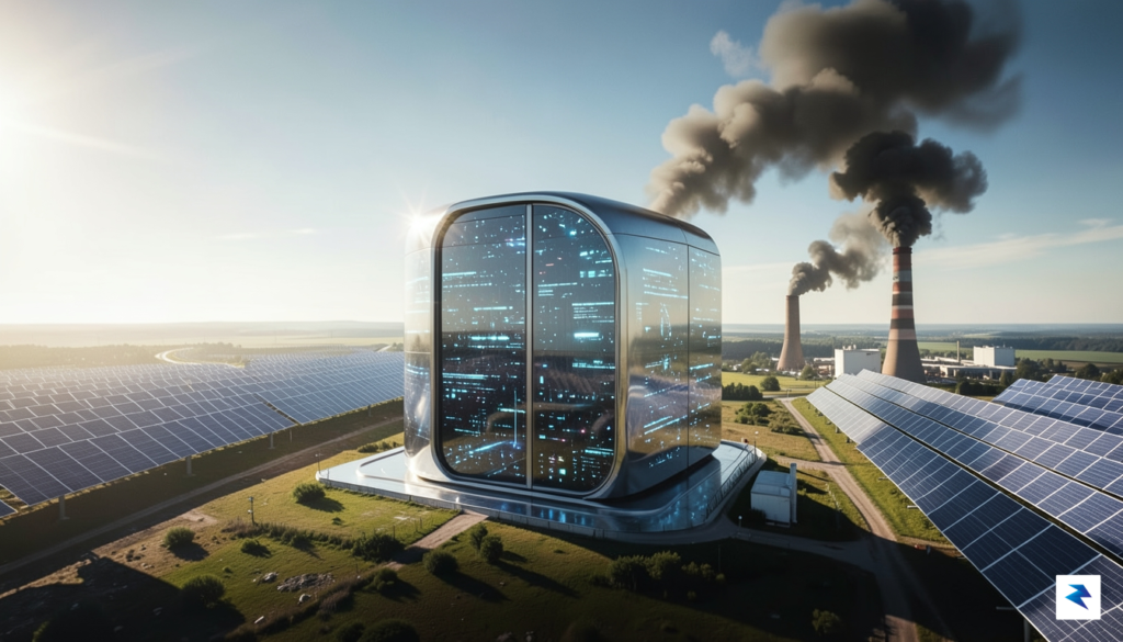A conceptual illustration showing a shimmering, futuristic data center building…