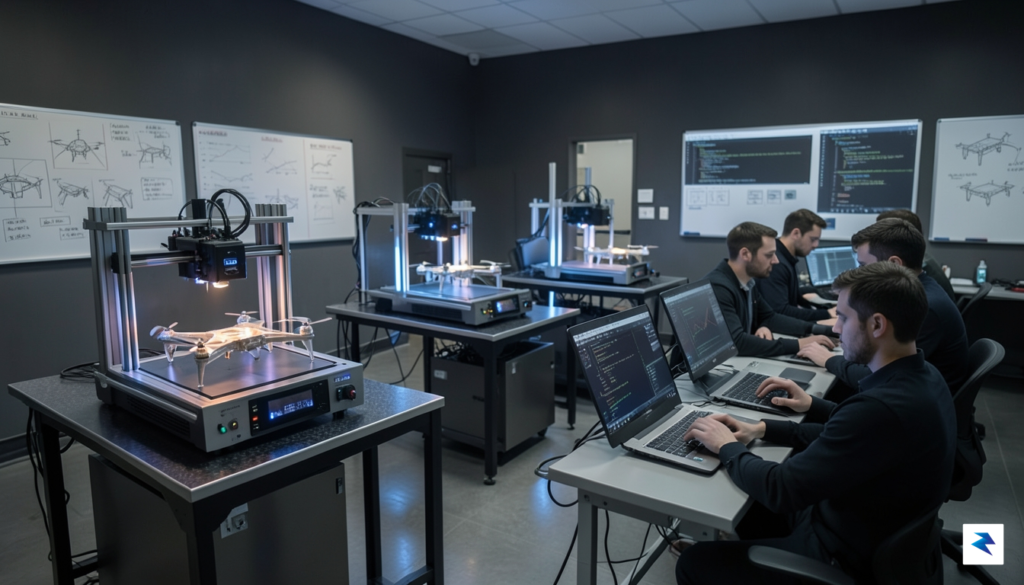 A high-tech, dimly lit workshop featuring 3D printers producing drone&hellip;