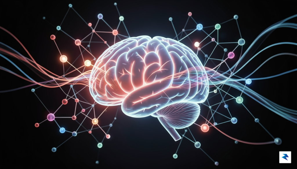 A stylized, glowing human brain surrounded by a network of…