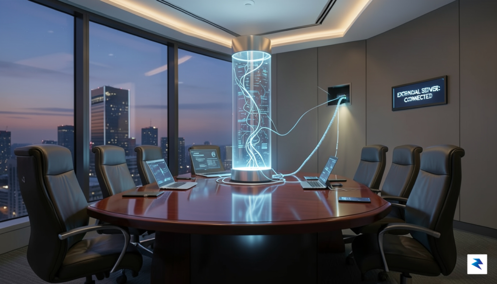 A conceptual digital illustration of a corporate boardroom where the…
