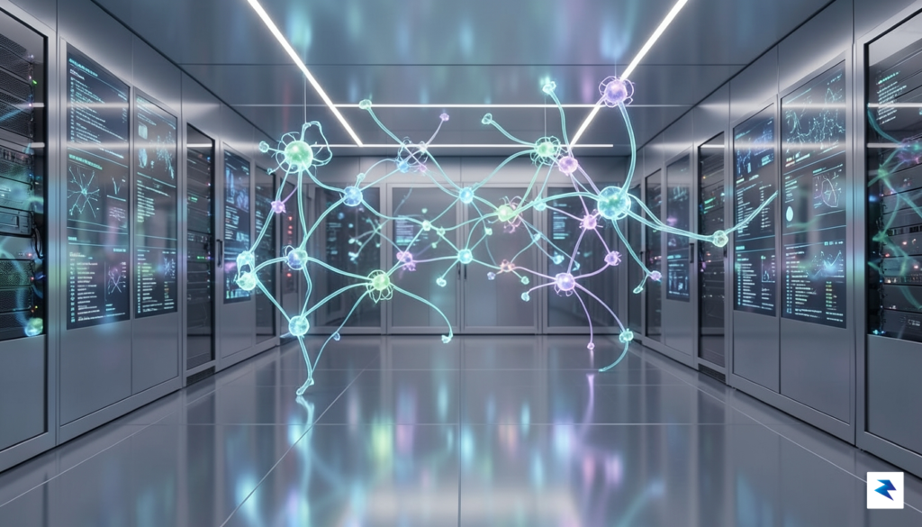 A modern, futuristic data center interior where glowing digital nodes…