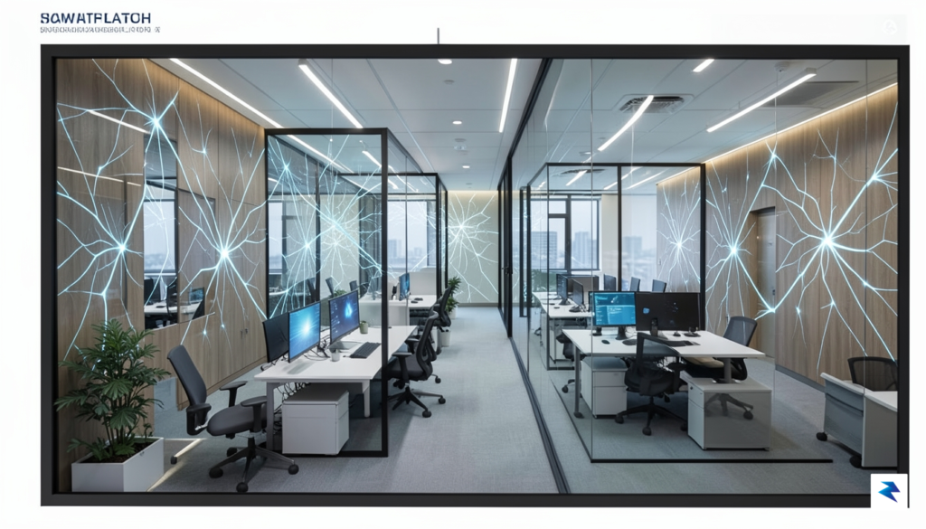 A modern corporate office floor plan shifting into a digital…