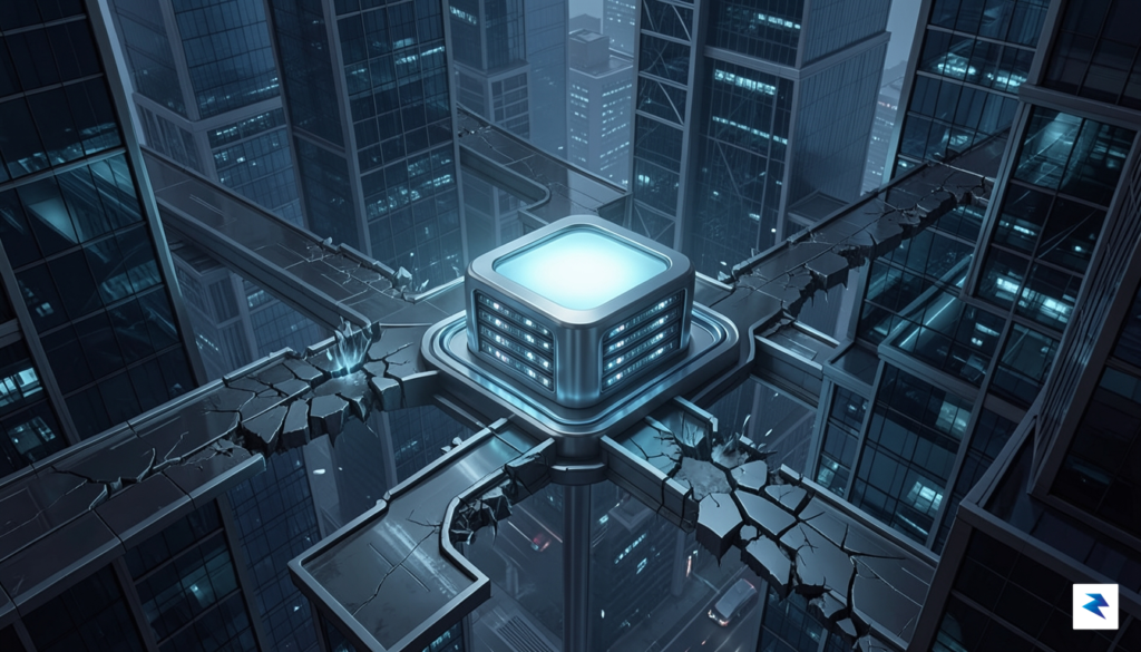 A digital illustration showing a complex corporate architecture connected to…
