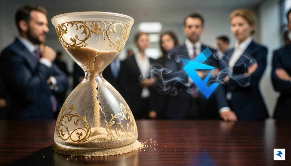 A cracked hourglass with sand spilling out, symbolizing time running&hellip;