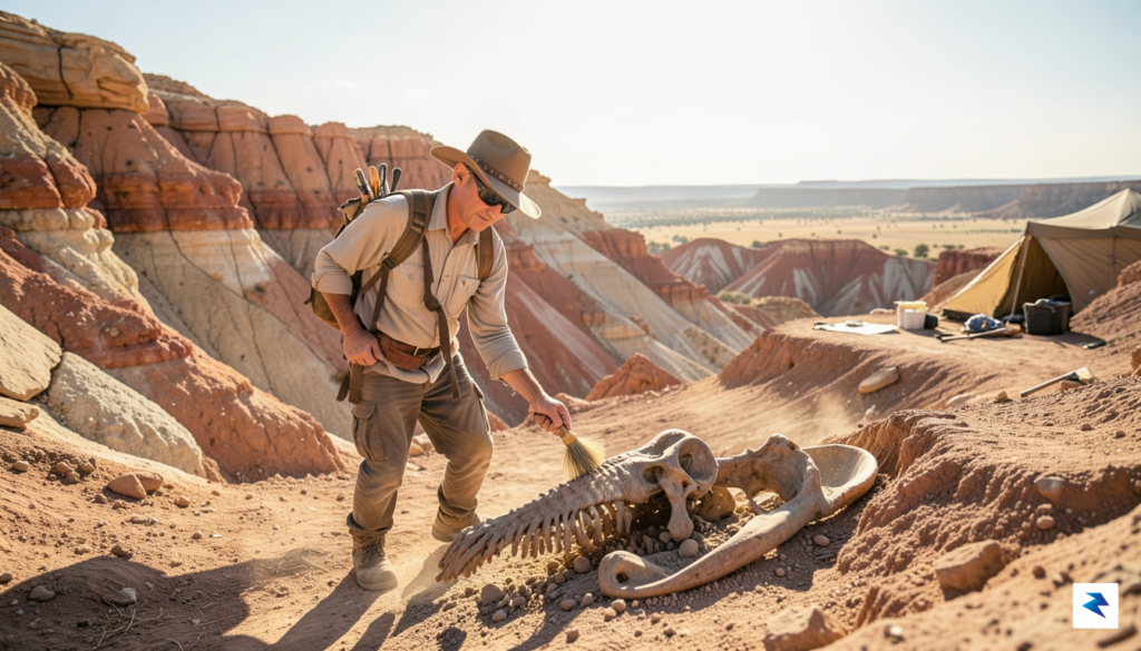 A cinematic, wide-angle shot of a paleontologist in a dusty,&hellip;