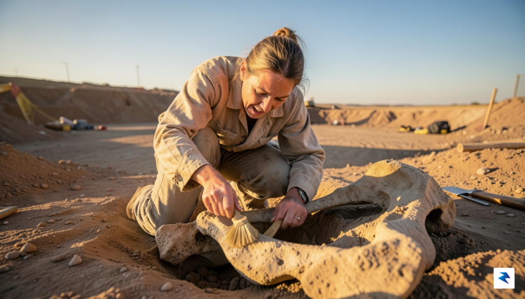 A cinematic, wide-angle shot of a paleontologist in a dusty,&hellip;