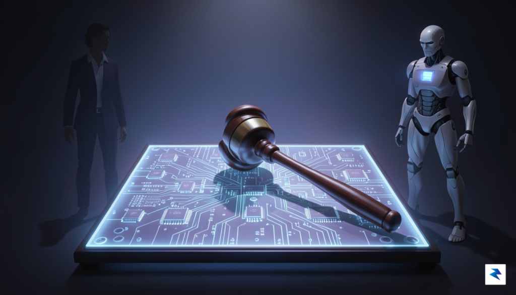 A conceptual digital art piece showing a courtroom judge&rsquo;s gavel&hellip;