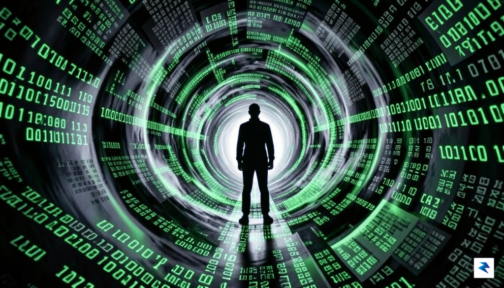 A conceptual digital art piece showing a human silhouette standing&hellip;