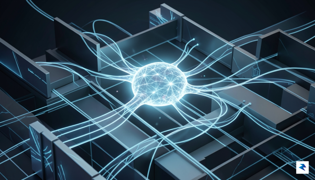A conceptual digital illustration showing a glowing, translucent neural network…