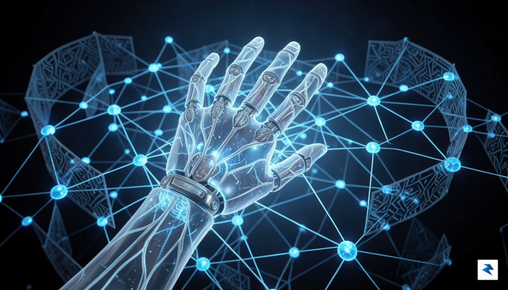 A conceptual digital art piece showing a glowing, transparent robotic…
