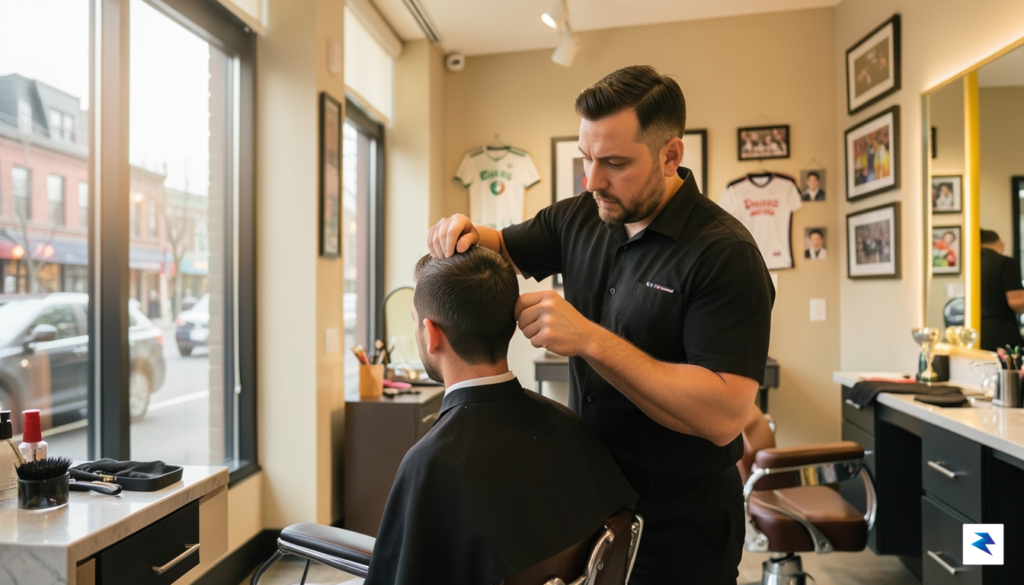 A warm, cinematic shot of a barber working in a…