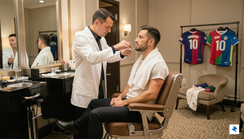A candid, warm-toned photograph of a professional barber carefully styling…