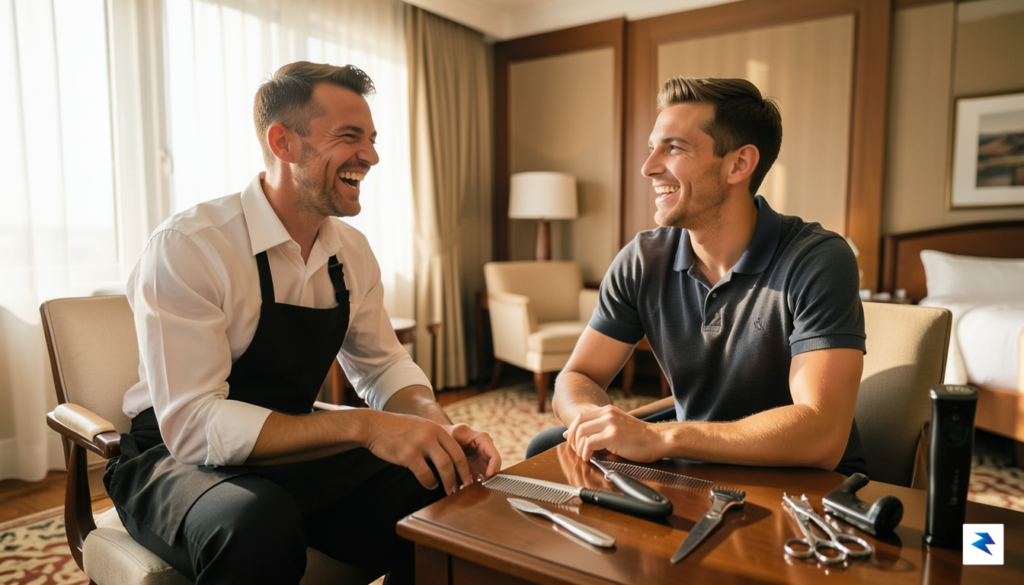 A candid, warm-toned photograph of a barber laughing while talking…