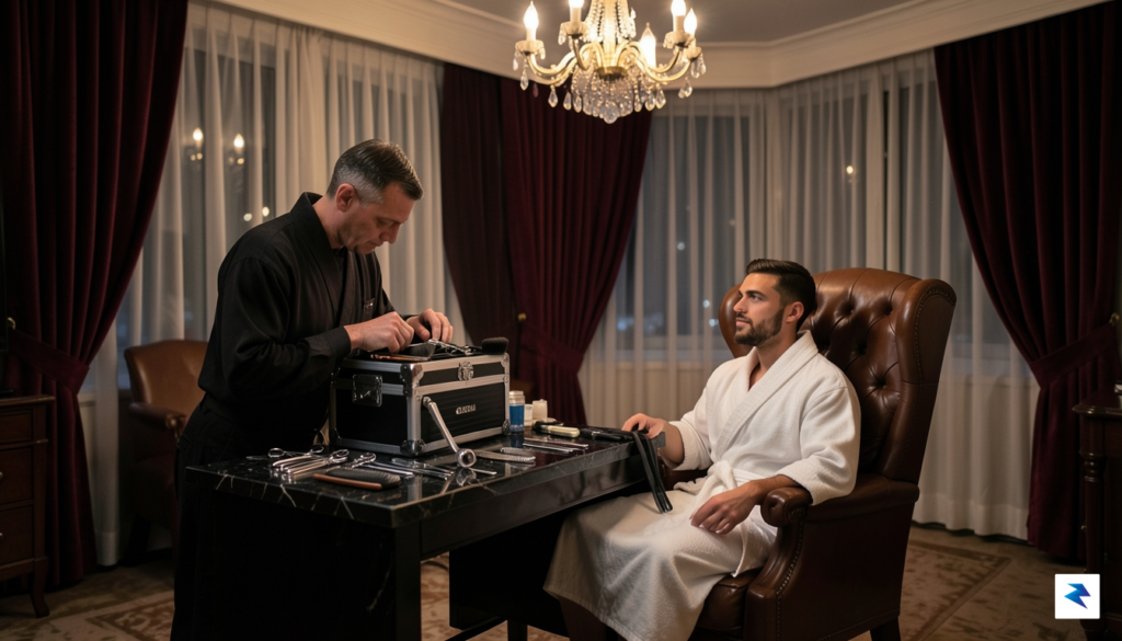 A professional barber setting up a portable, high-end grooming kit…