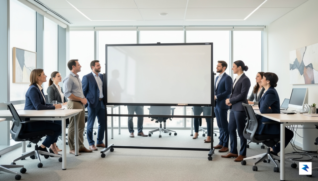 A modern, minimalist office setting showing a large, blank whiteboard&hellip;