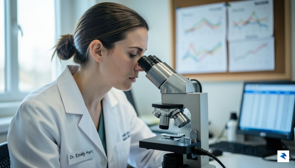 A close-up, shallow depth-of-field photograph of a scientist in a&hellip;