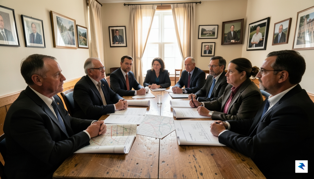 A wide-angle photograph of a city council meeting in a&hellip;