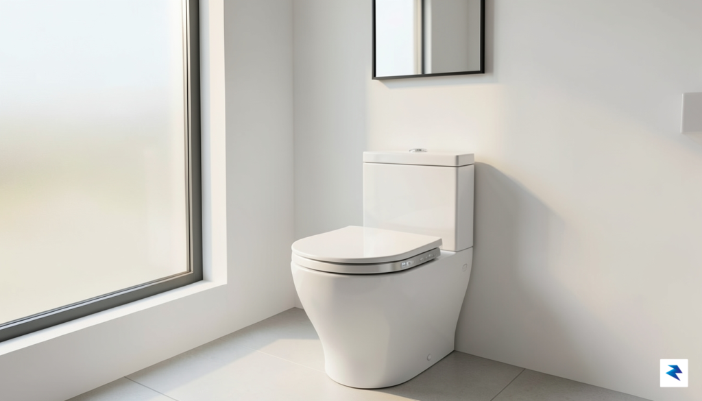 A modern, minimalist bathroom interior featuring a sleek, high-tech electronic…
