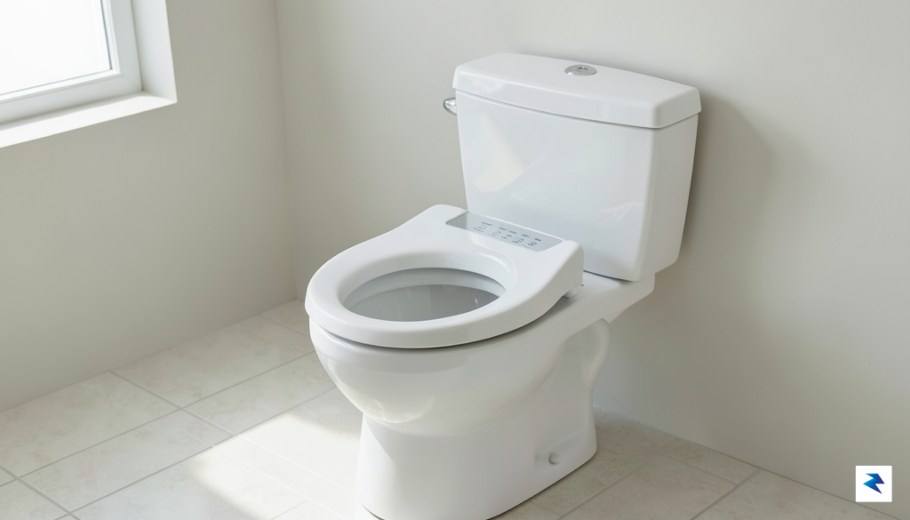 A sleek, modern white electronic bidet seat installed on a…