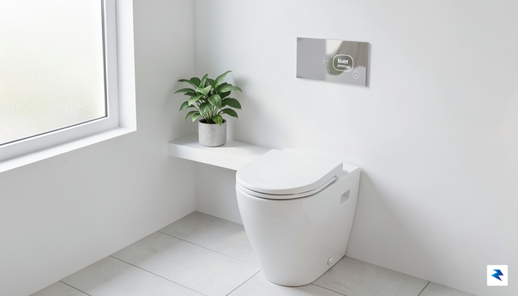 A minimalist, modern bathroom interior featuring a sleek electronic bidet…