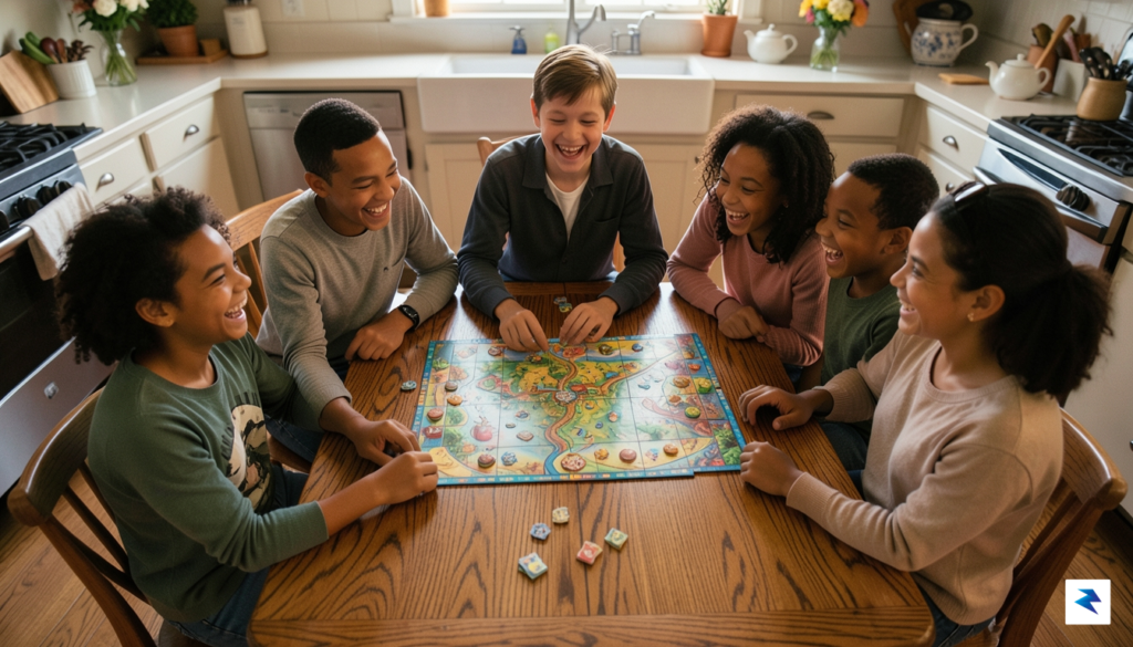 A warm, overhead view of a diverse family laughing while…