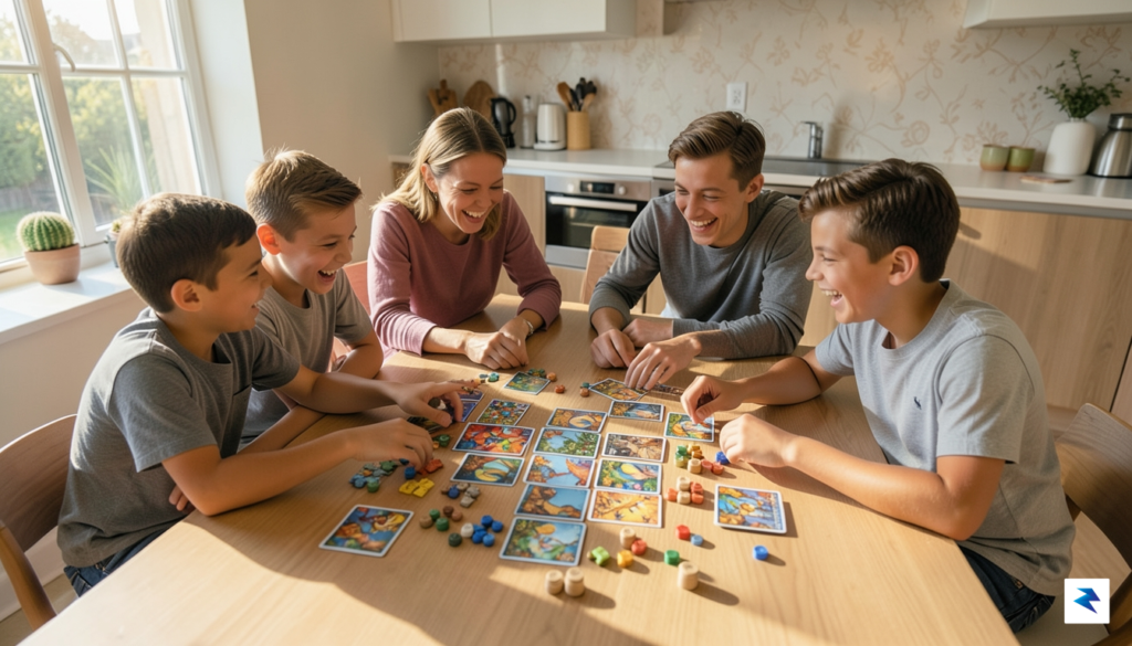 A vibrant, overhead shot of a family playing a modern…