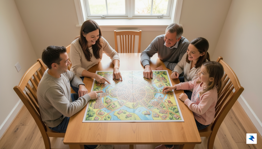 A vibrant, overhead shot of a family around a dining…