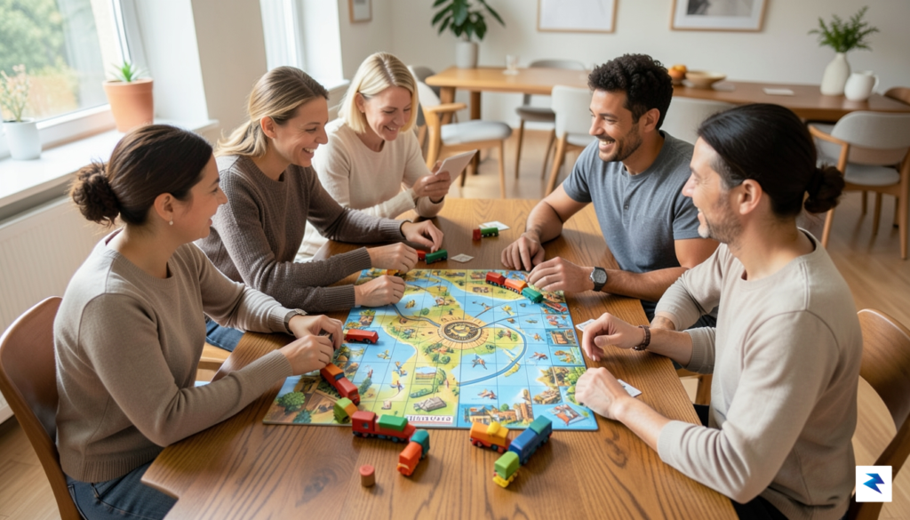 A vibrant, overhead shot of a modern family board game…