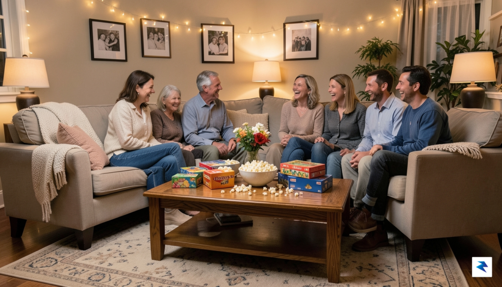 A warm, inviting living room scene featuring a wooden coffee…