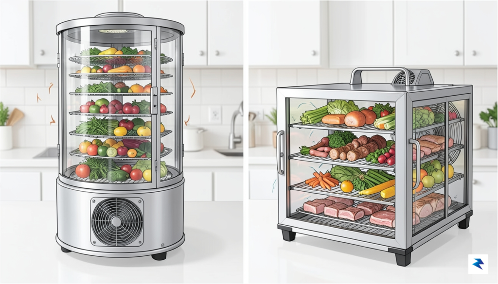 A side-by-side comparison illustrating a vertical airflow dehydrator with stacked&hellip;