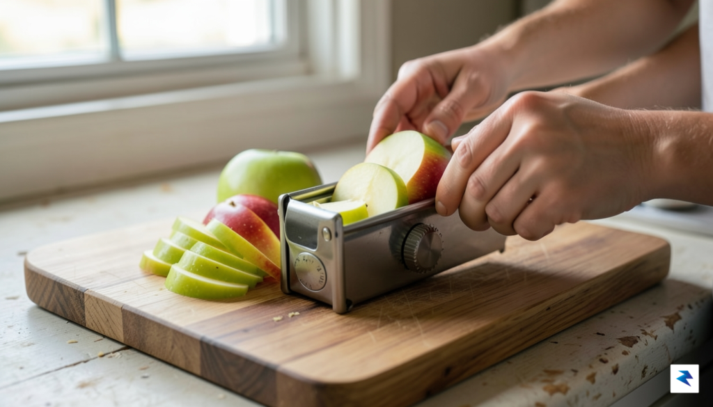 A close-up, high-angle shot of a person using a mandoline&hellip;
