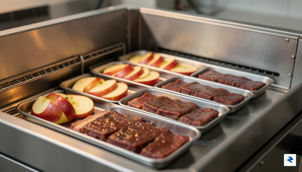 A close-up, high-resolution shot of a stainless-steel dehydrator interior with&hellip;